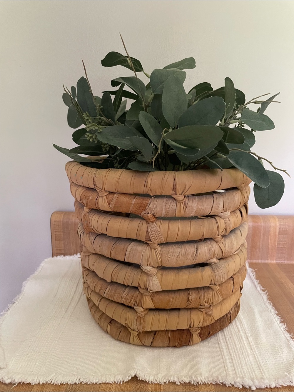 Handwoven Tan Storage Basket with Textured Bands